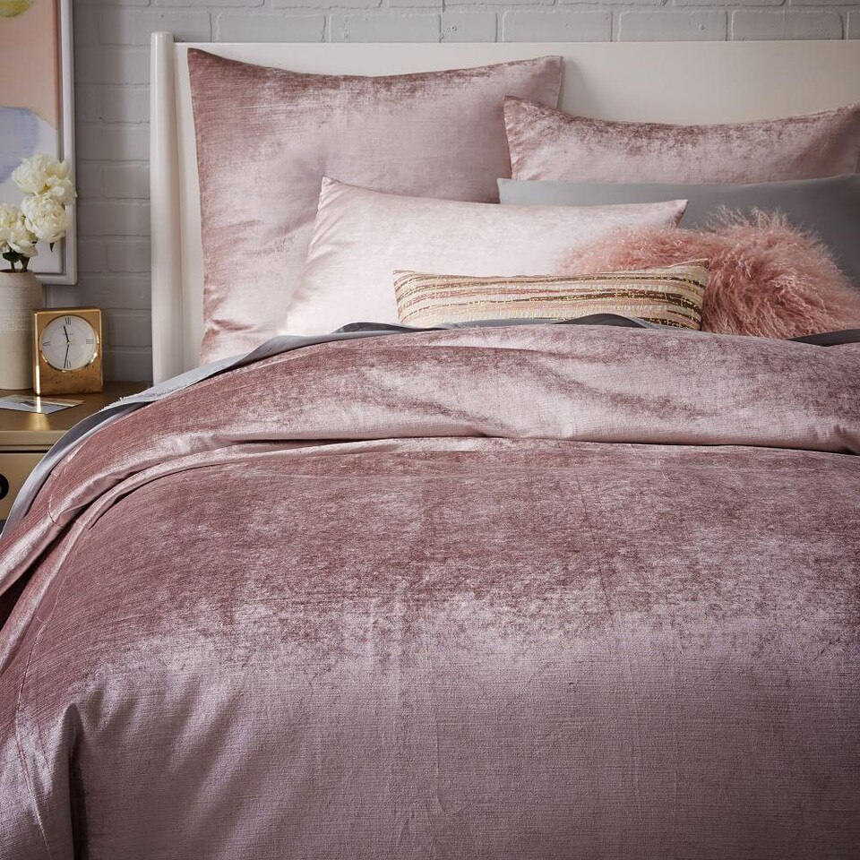 Washed Cotton Luster Velvet Duvet Cover & Shams - Dusty Blush